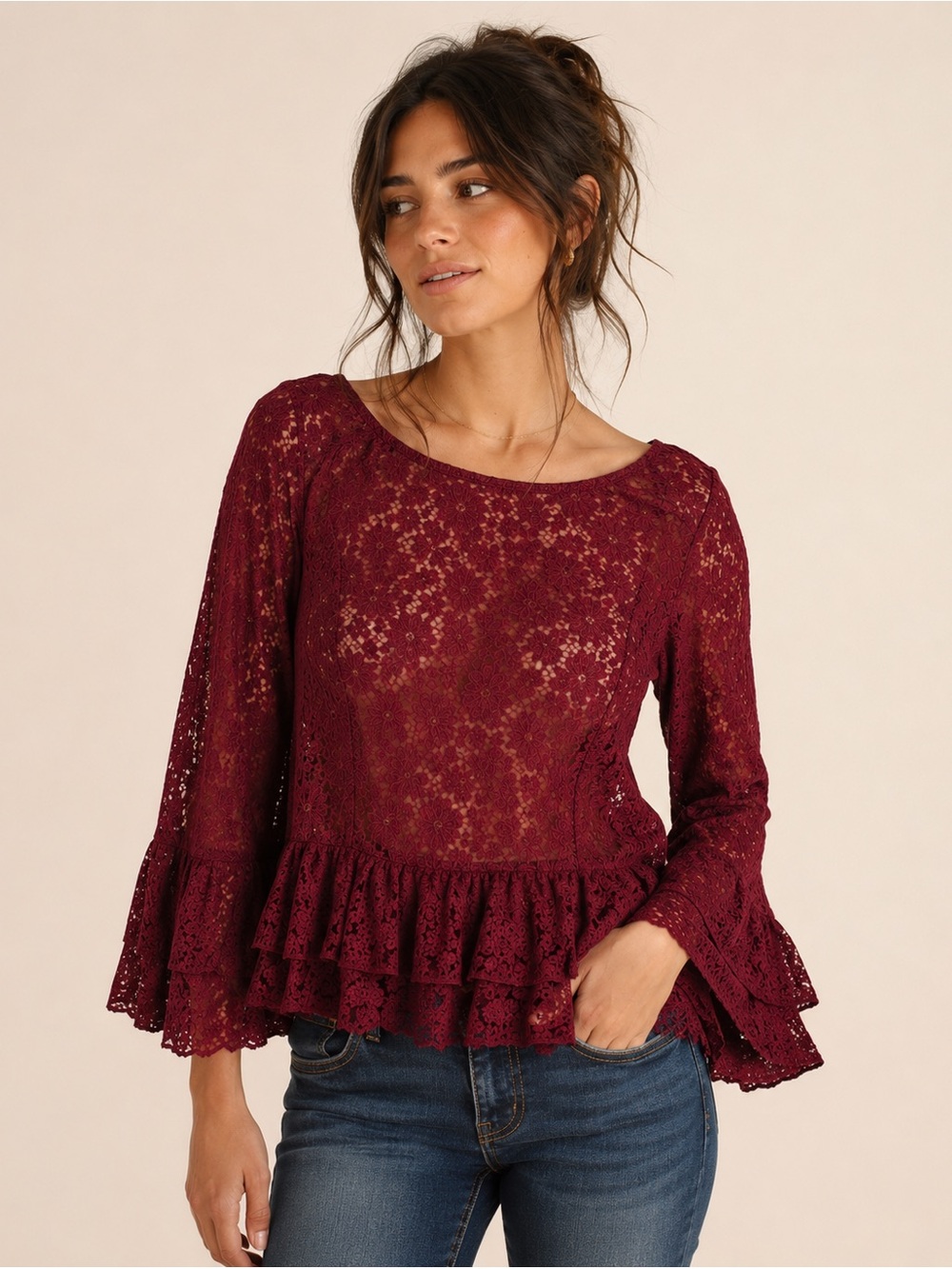 Altar’d State Burgundy Floral Lace Peplum Bell Sleeve Boho Top Medium